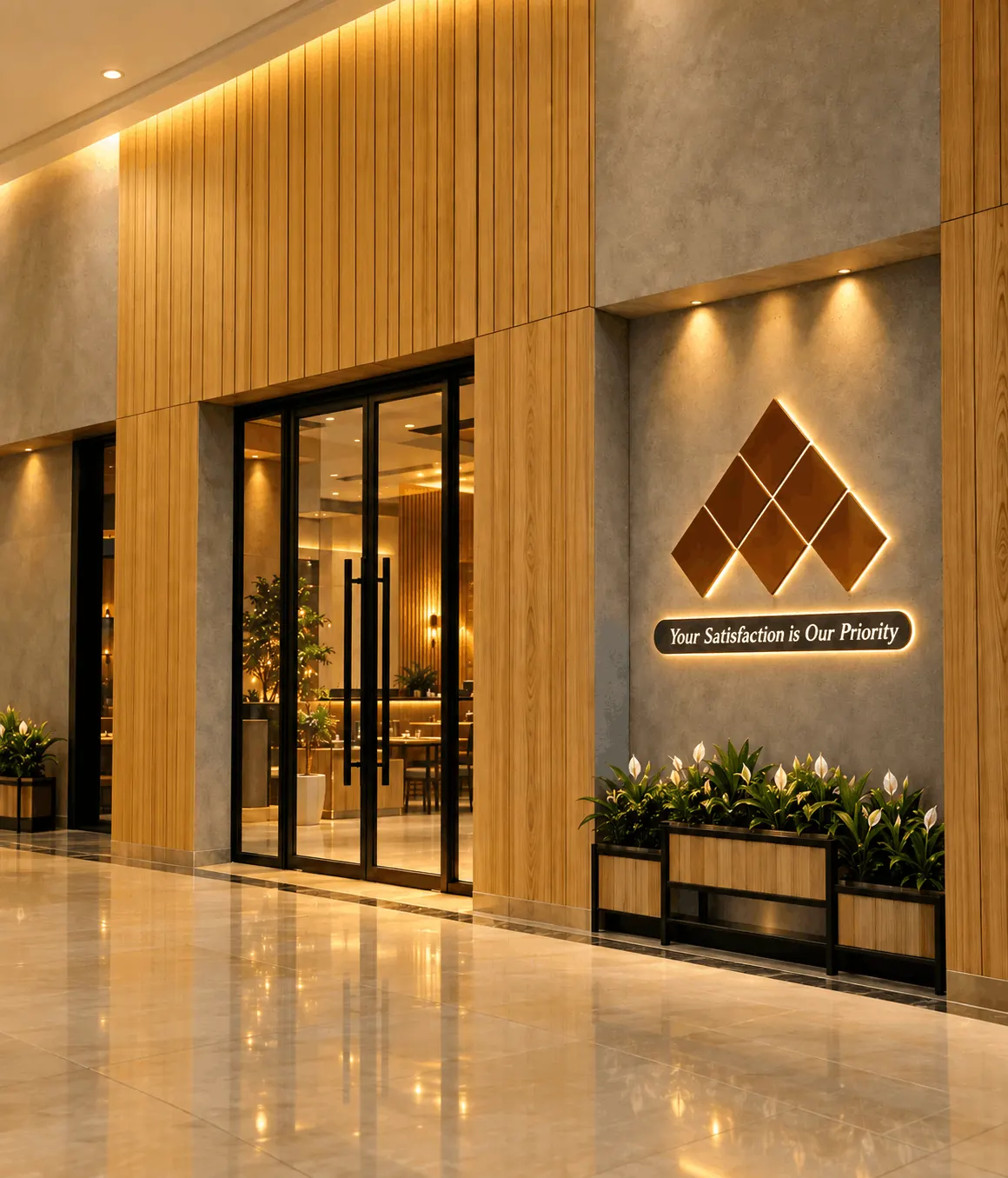 The King Chef Restaurant entrance in Dubai: oak timber batten walls, a glazed entrance and the lit crown emblem in bronze
