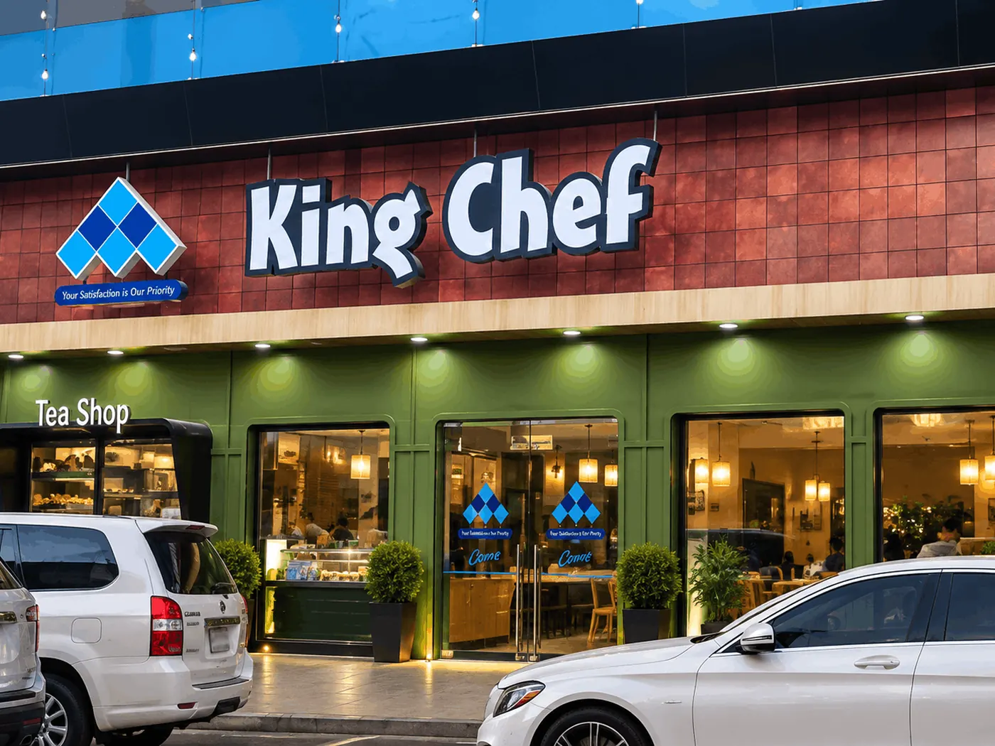 King Chef Muhaisinah at night: the lit sign above the arched windows and the covered terrace seating with green chairs