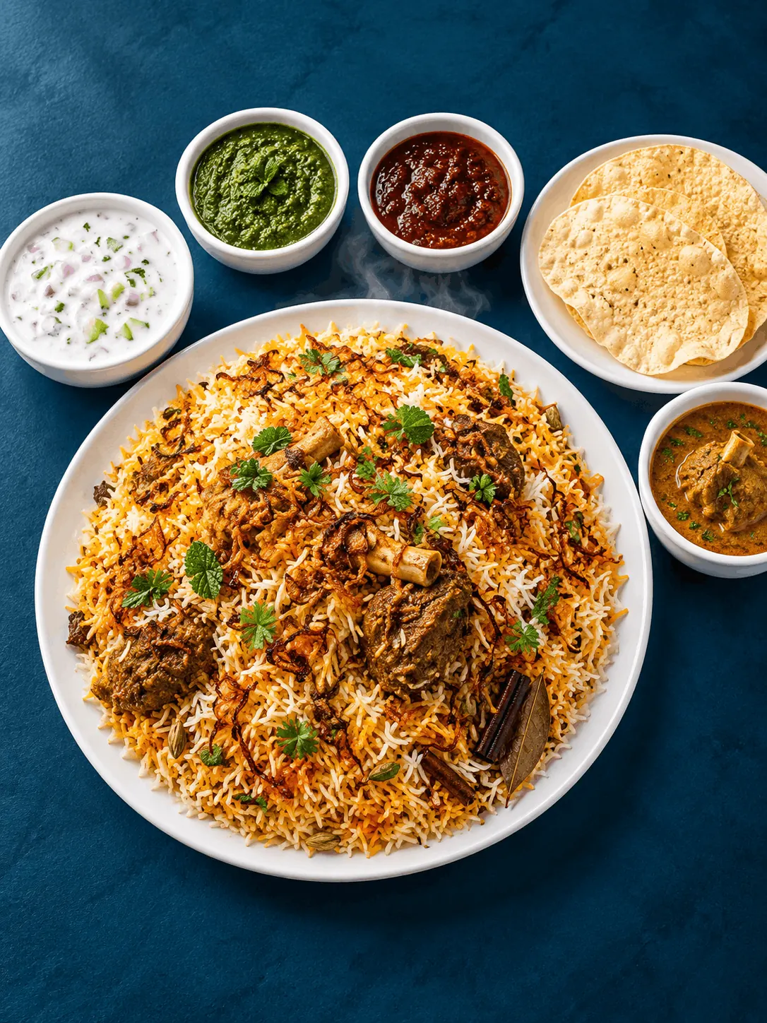 Mutton biriyani with saffron rice, raita and chutney