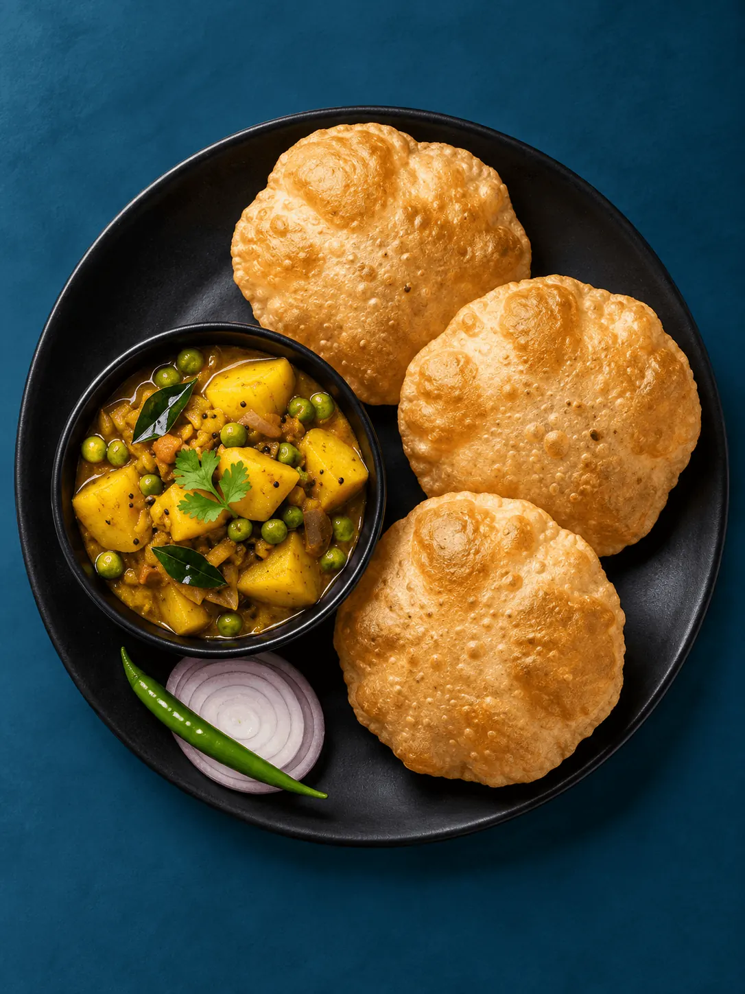 Poori bhaji with three puffed poori and potato curry