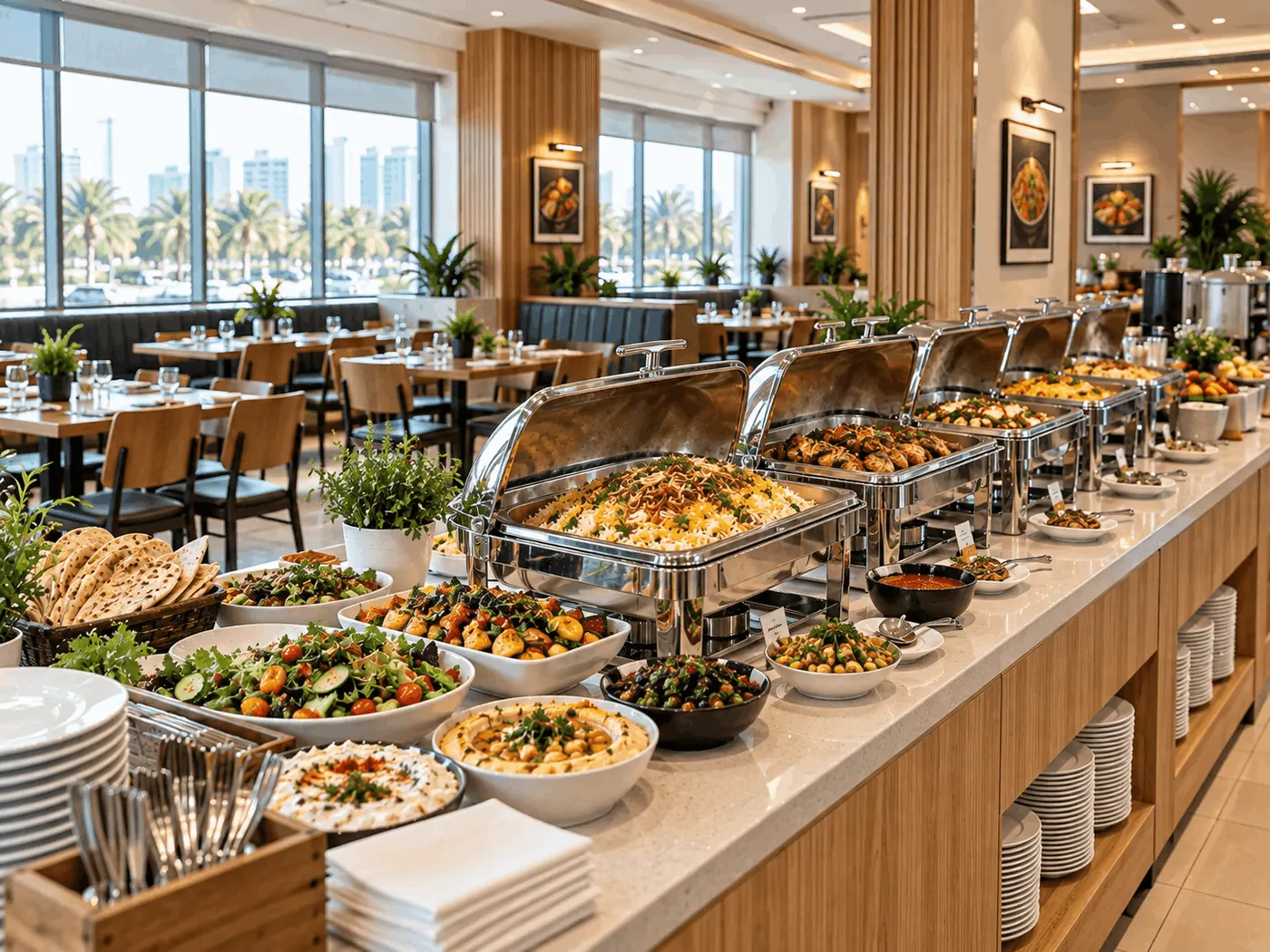 Outdoor King Chef catering terrace with a buffet line of stainless chafing dishes, set tables, palms and the Dubai skyline behind
