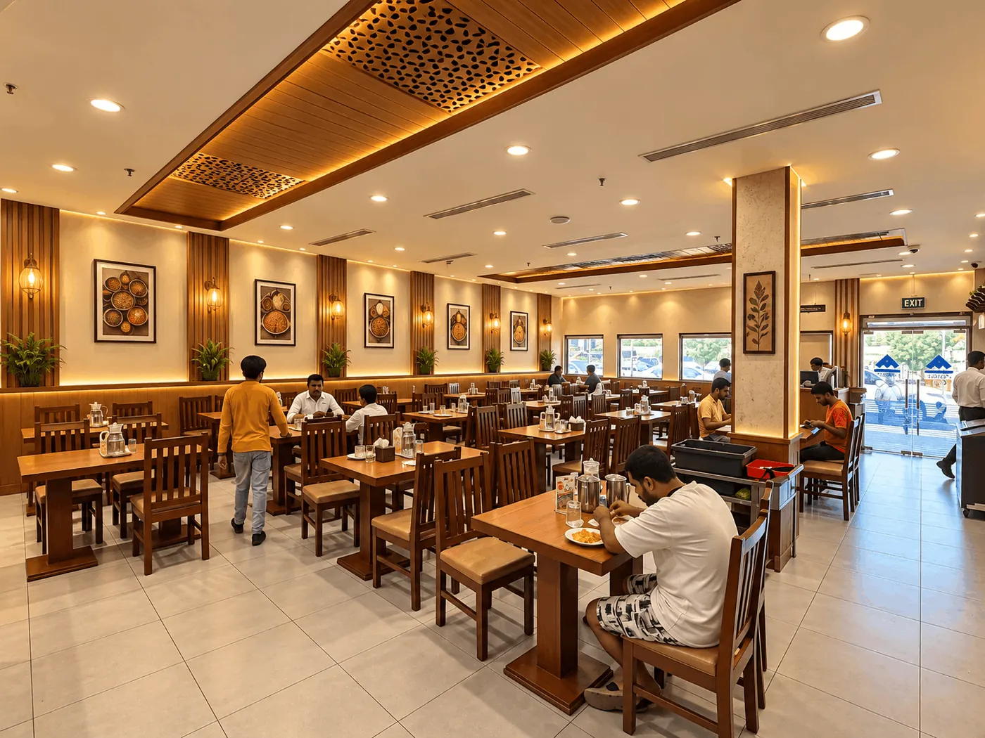 Booth seating and wood-panelled dividers inside the King Chef dining room
