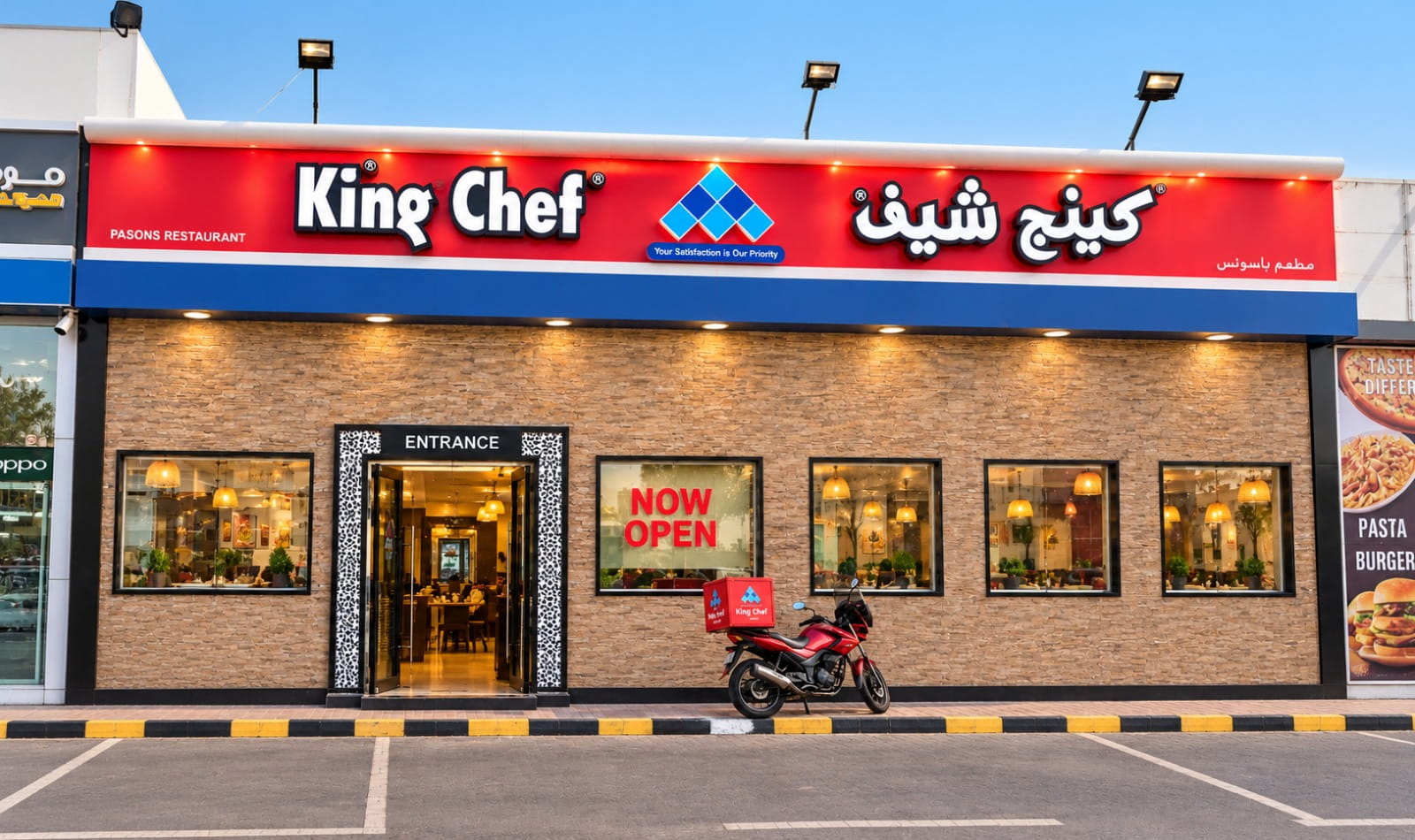 King Chef Dubai Investment Park 2 dining room with a gold patterned screen wall, slatted ceiling and green booth seating